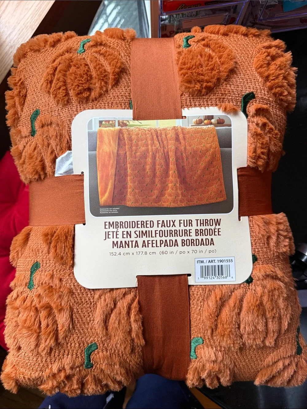 Costco Embroidered Faux Fur Pumpkin Orange Throw